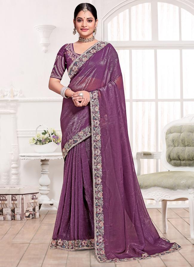 Currency Silk Purple Wedding Wear Embroidery Work Saree